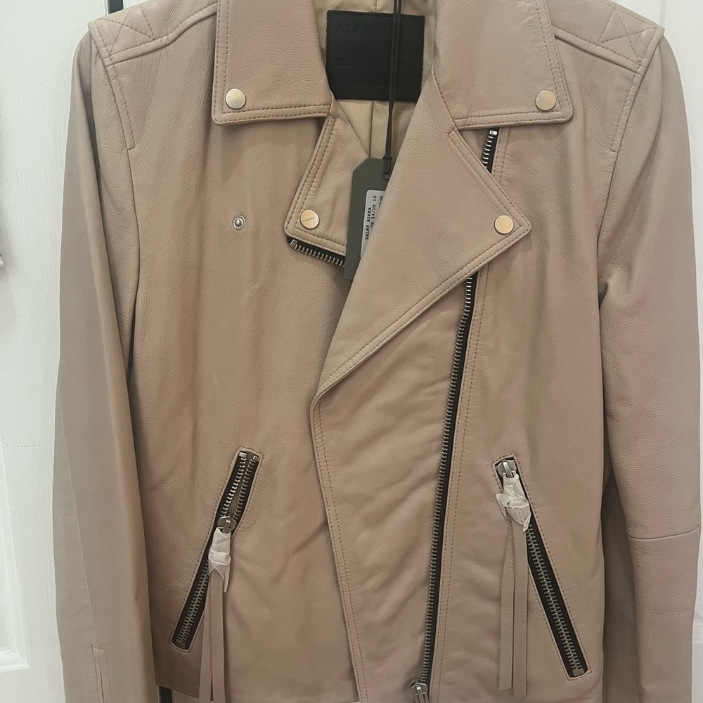 All Saints Dalby Biker Leather Jacket pink size 10 NWT